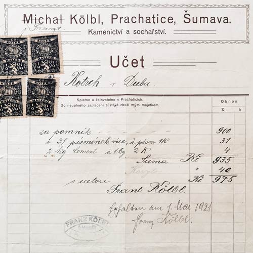 Kamenictvi Kölbl, Prachatice, Šumava - Účet z roku 1921